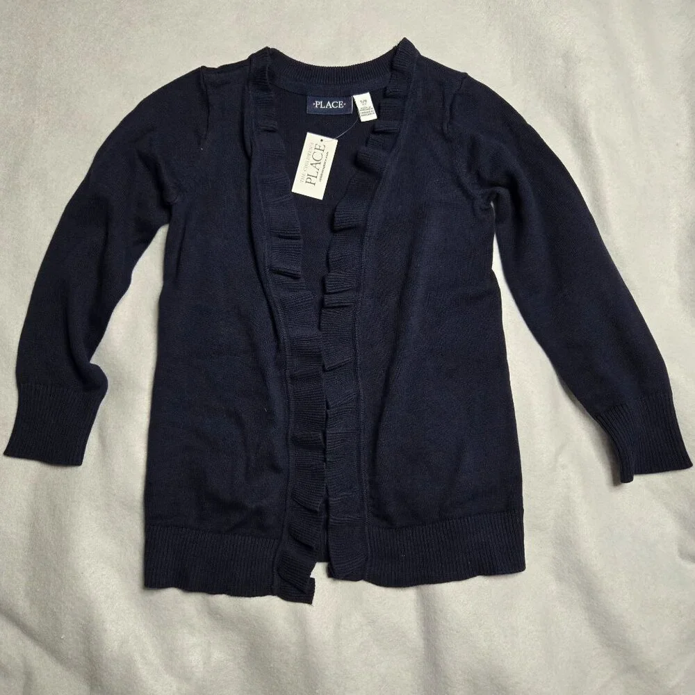 Girls Navy Blue Ruffle Front‎ Cardigan Sweater M 5/6 By The Childrens Place